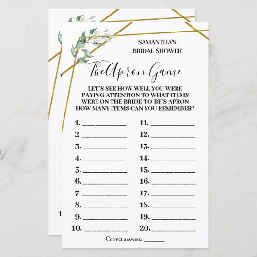 Papier Verdure La douche nuptiale de l'Apron jeu bilingue (Devant / Derrière)