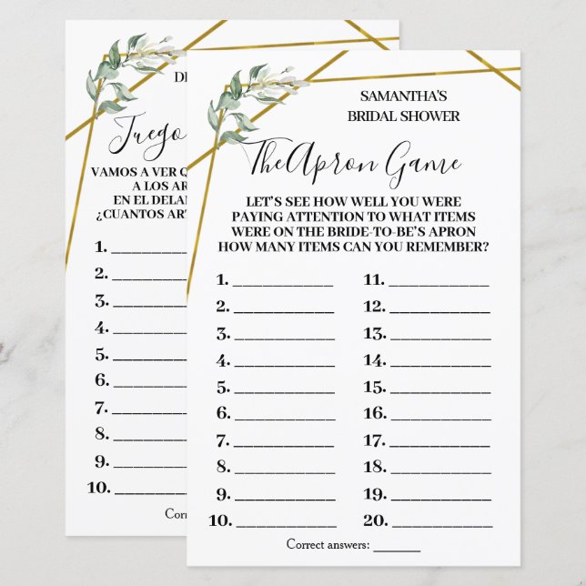 Papier Verdure La douche nuptiale de l'Apron jeu bilingue (Devant / Derrière)