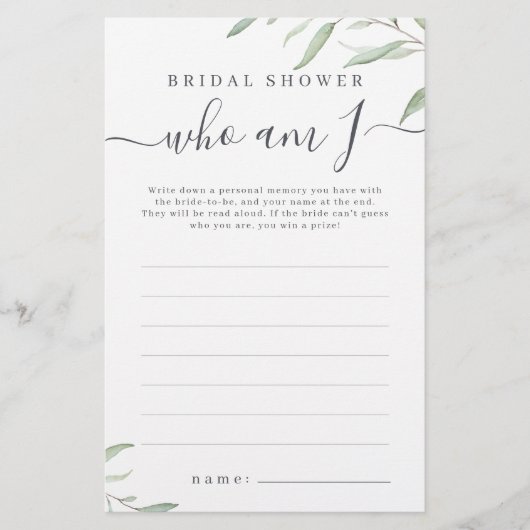 Papier Verdure minimale qui suis je jeu de douche nuptial (Devant)