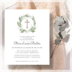 Papier Vert Baptême Floral Blanc Budget Invitation