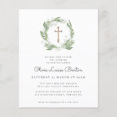 Papier Vert Baptême Floral Blanc Budget Invitation (Devant)