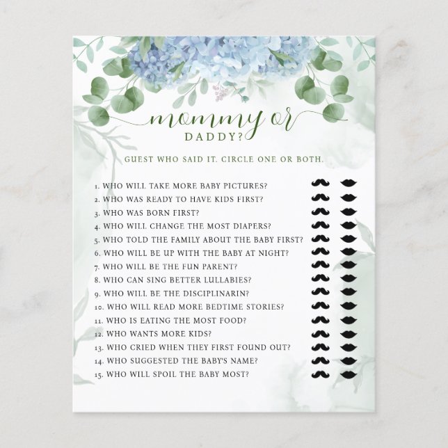 Papier Vert Bleu hydrangea Baby shower maman ou papa (Devant)