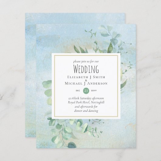 Papier Vert Eucalyptus Bleu Mariage BUDGET Invitations (Devant / Derrière)