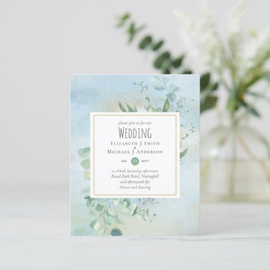 Papier Vert Eucalyptus Bleu Mariage BUDGET Invitations (Debout devant)