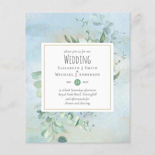 Papier Vert Eucalyptus Bleu Mariage BUDGET Invitations (Devant)