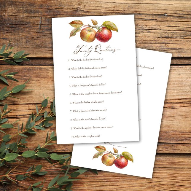 Papier Vingt questions pomme automne nuptiale jeu de douc (Twenty questions apple fall bridal shower game card appley ever after bridal shower games)