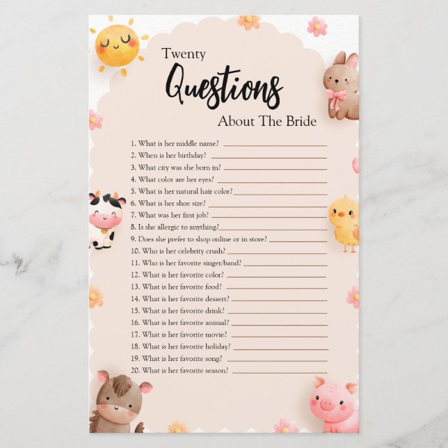 Papier Vingt questions sur le jeu de Baby shower de marié (Devant)