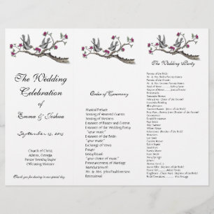 Papier Vintage Birds Pink Floral TriFold Wedding Programm