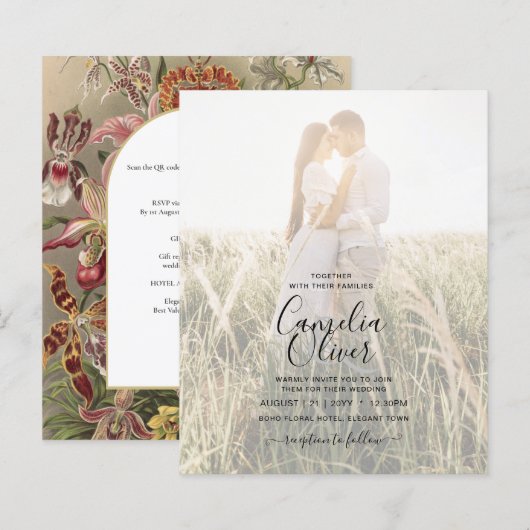 Papier Vintage Botanique Bourgogne Mariage Floral Invitat (Devant / Derrière)