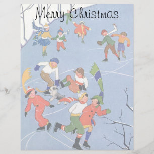 Papier Vintage Christmas, Enfants Patinage sur glace sur 
