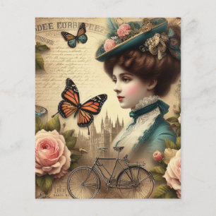 Papier Vintage dame victorienne et collage floral à vélo