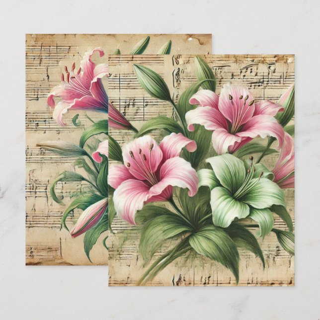 Papier Vintage Sheet Music Pink & Green Lilies Scrapbook (Devant / Derrière)