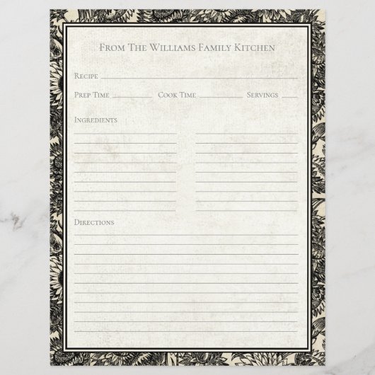 Papier Vintage Sunflower Toile Black Recipe Paper Sheet (Devant)