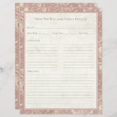 Papier Vintage Sunflower Toile Rose Recipe Paper Sheet (Devant / Derrière)