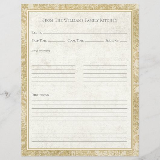 Papier Vintage Sunflower Toile Tan Recipe Paper Sheet (Devant)