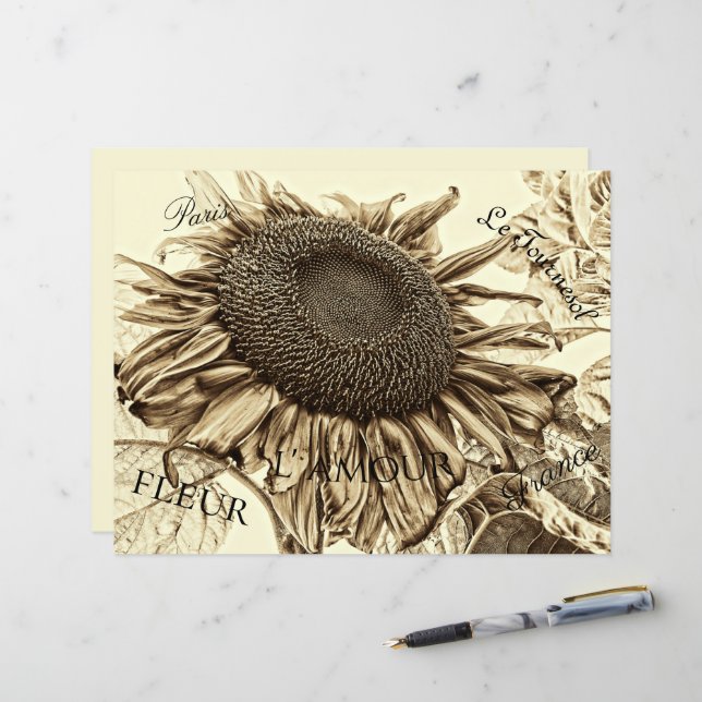 Papier Vintage Tournesol Sepia Tone Vieux Script Découpag (Devant/Arrière en situation)
