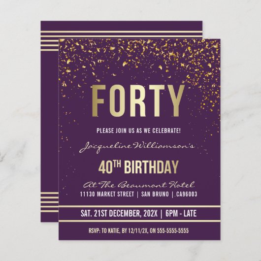 Papier Violet | Budget Gold Confetti 40e anniversaire fêt (Devant / Derrière)