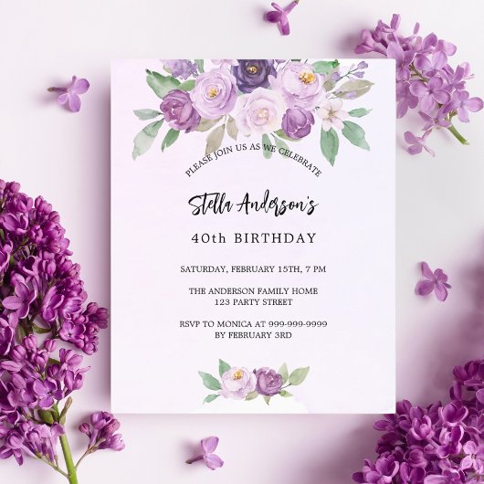 Papier Violet fleurs verdure budget invitation anniversai