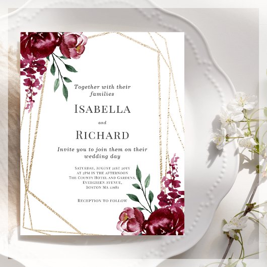 Papier Violet | Marsala Red Floral Faire-part de mariage