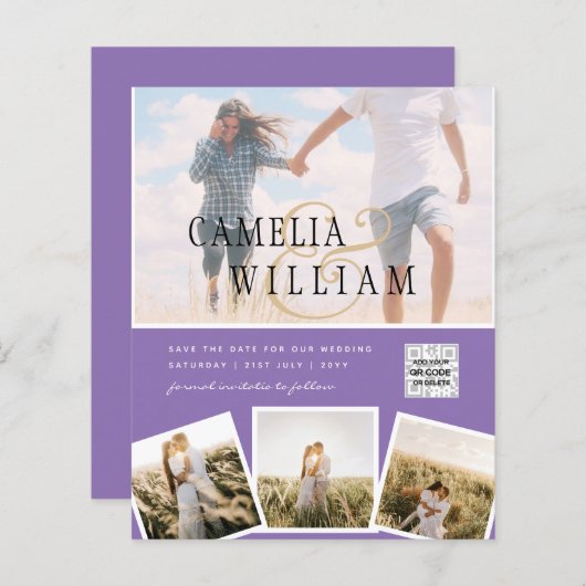 Papier Violet photo Mariage Inviter QR Code Enregistrer D (Devant / Derrière)