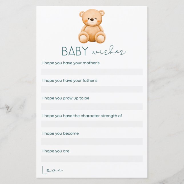 Papier Voeux bébé | Teddy Bear Baby Boy Shoy Jeux (Devant)