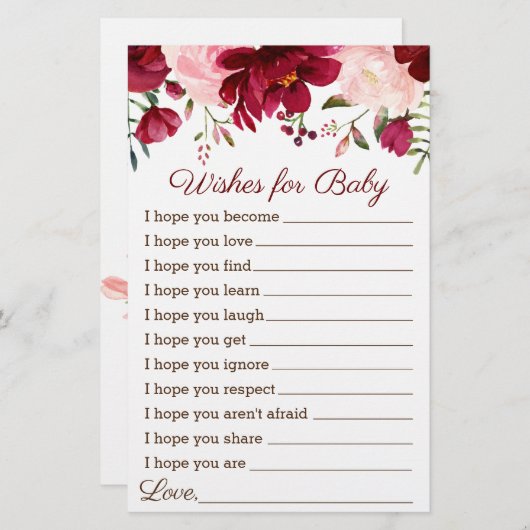 Papier Voeux de Baby shower Jeu Bourgogne rose Floral (Devant / Derrière)