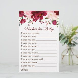 Papier Voeux de Baby shower Jeu Bourgogne rose Floral