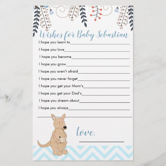 Papier Vœux de douche de bébé garçon boho Kangourou Bleu  (Devant)