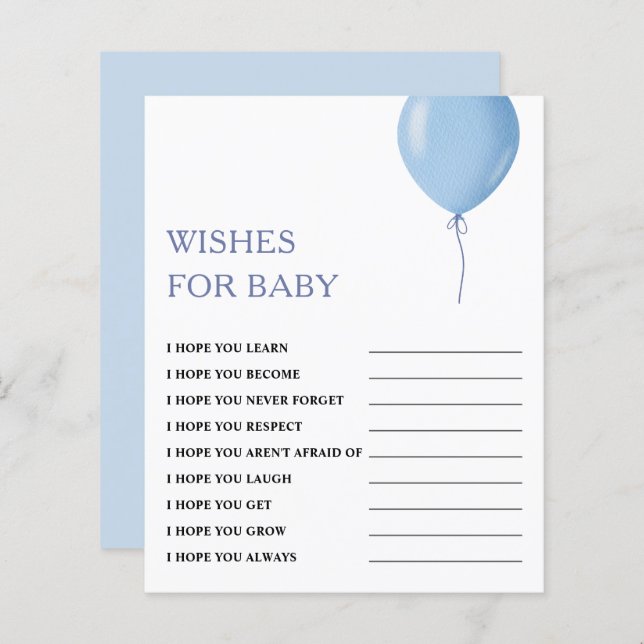 Papier Voeux pour bébé | Blue Balloon Baby shower Jeu (Devant / Derrière)