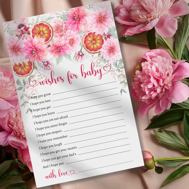 Papier Voeux Pour Bébé Citrus Baby shower rose (Wishes for baby citrus with pink watercolor flowers baby shower game, girl baby shower,)