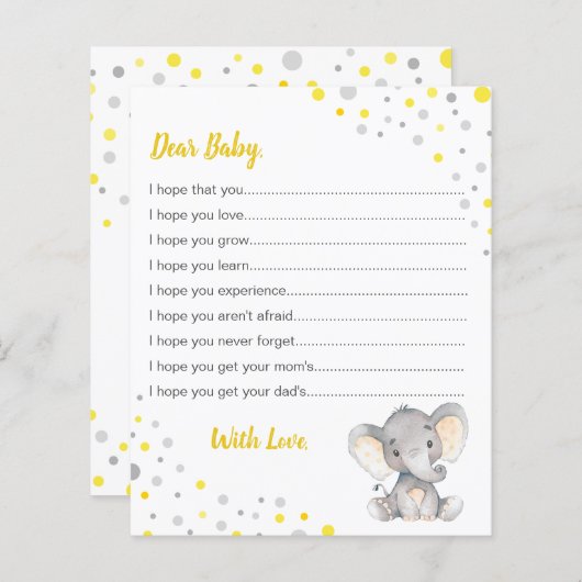 Papier Vœux pour bébé éléphant Shower point jaune gris (Devant / Derrière)
