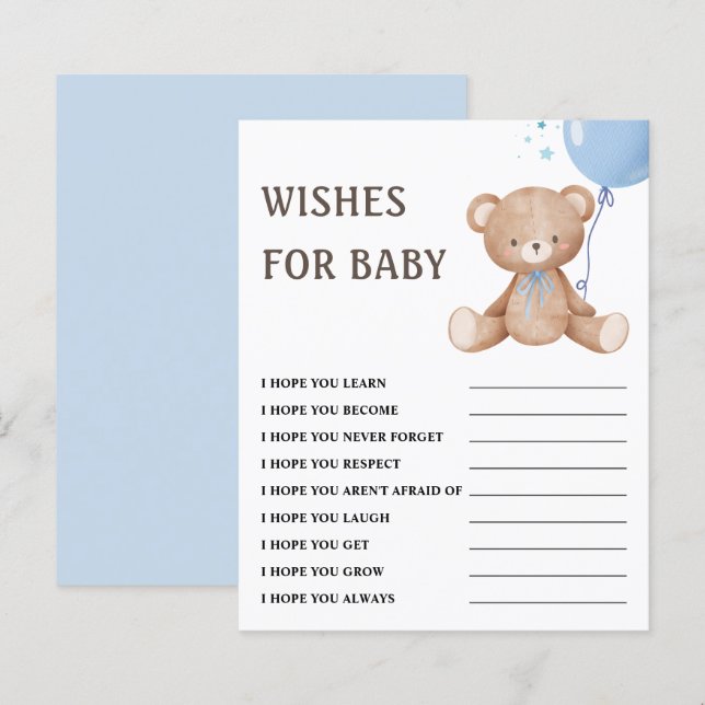 Papier Voeux pour bébé | Teddy Bear Boy Baby shower Jeu (Devant / Derrière)