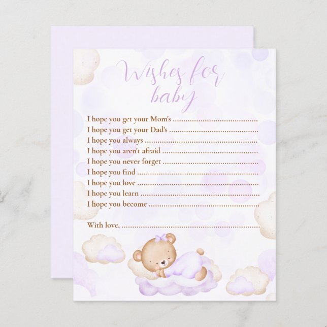 Papier Vœux pour jeu de baby shower ours en peluche viole (Devant / Derrière)
