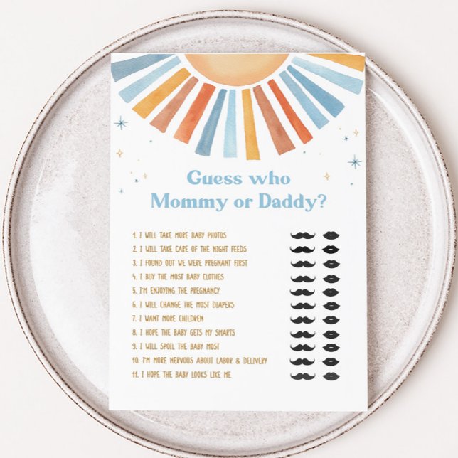 Papier Voici le Baby shower du Fils Devinez qui jeu (Boho Sunshine Baby Shower Guess who Mommy or Daddy Game)