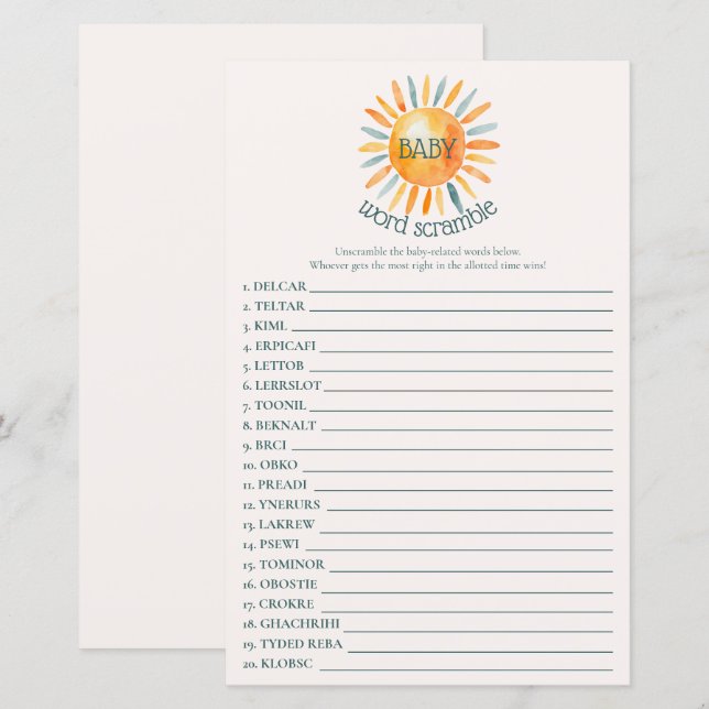 Papier Voici le Baby shower Fils Word Scramble Jeu (Devant / Derrière)