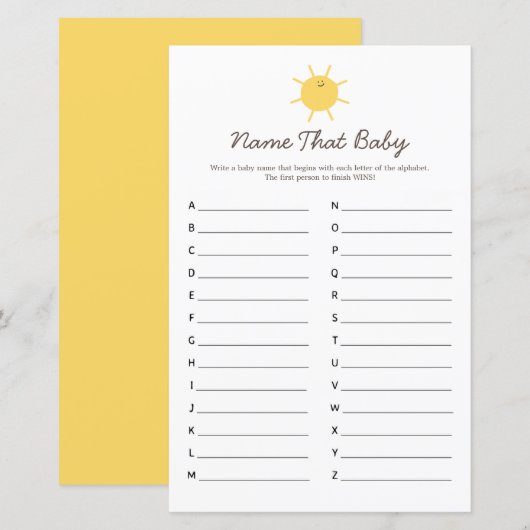 Papier Voici Le Nom Du Baby shower Sun Qui Bébé Jeu (Devant / Derrière)