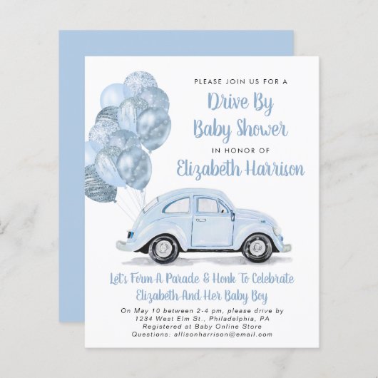 Papier Voiture Bleue Budget Par Baby shower Invitation (Devant / Derrière)