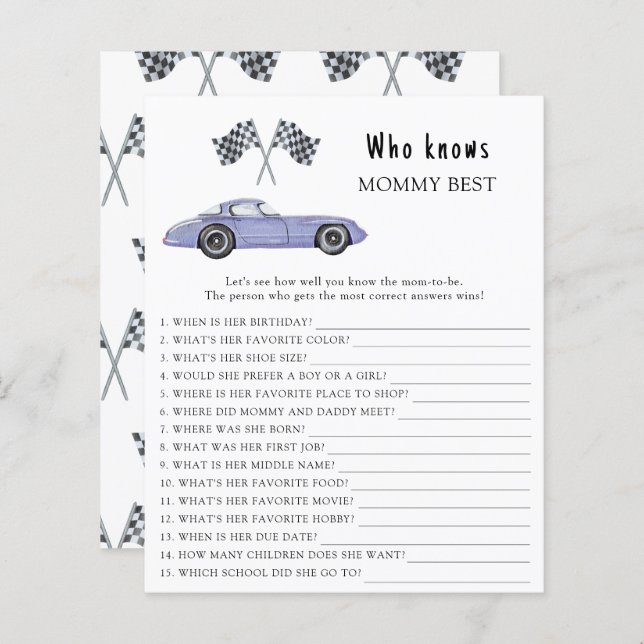 Papier Voiture de course à l'aquarelle - Qui connaît le m (Devant / Derrière)