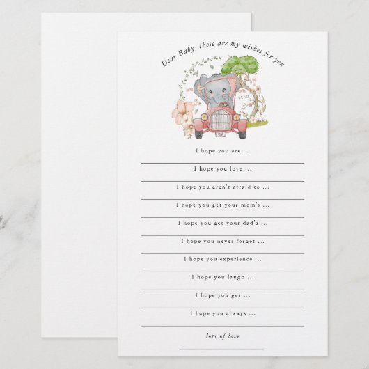Papier Voiture Eléphant mignonne souhaits de Baby shower (Devant / Derrière)