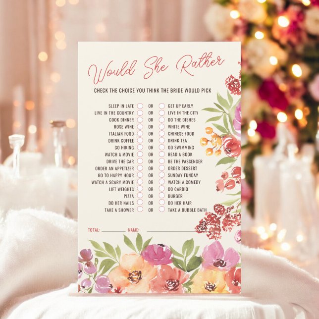 Papier Voudrait-elle plutôt boho fleurie jeu de douche de (Would she rather boho floral bridal shower game)