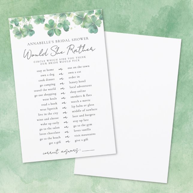 Papier Voudrait-Elle Plutôt Fête des mariées Shamrock Jeu (Would She Rather Shamrock Bridal Shower Game)