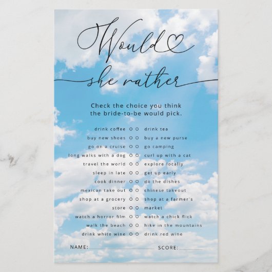 Papier Voudrait-Elle Plutôt Nuage 9 Fête des mariées Jeu (Devant)