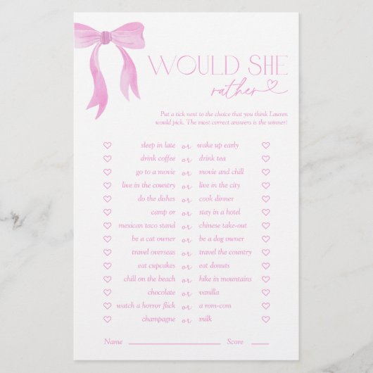 Papier Voudrait-Elle Plutôt Pink Bow Fête des mariées Jeu (Devant)
