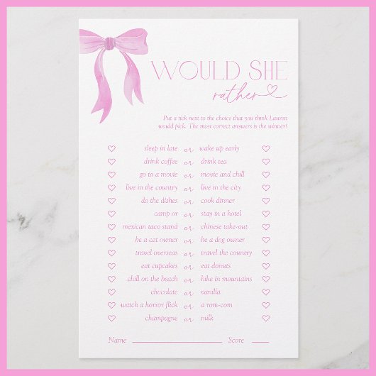 Papier Voudrait-Elle Plutôt Pink Bow Fête des mariées Jeu