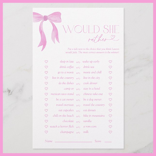 Papier Voudrait-Elle Plutôt Pink Bow Fête des mariées Jeu (Créateur téléchargé)