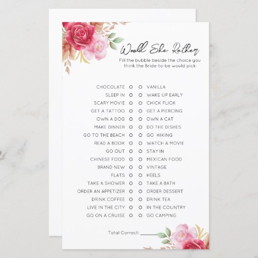 Papier Voudrait-Elle Plutôt Que Fête des mariées Jeu (Devant / Derrière)