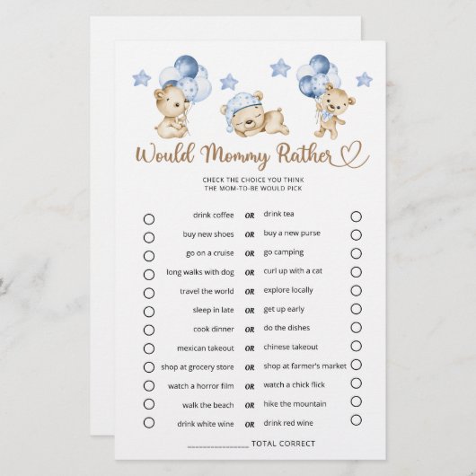 Papier Voudrait Maman Assez Teddy Ours Baby shower Garçon (Devant / Derrière)