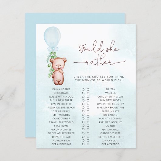 Papier Voudrait Maman Plutôt Jeu Baby shower Teddy Bear (Devant / Derrière)