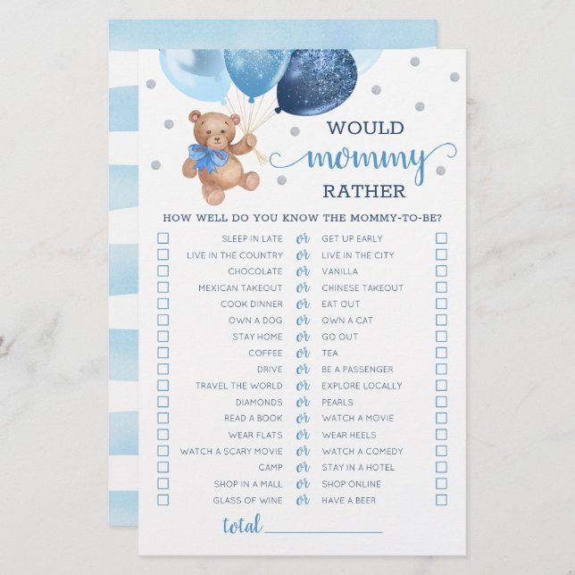 Papier Voudrait Maman Plutôt Jeu Baby shower Teddy Bear (Devant / Derrière)