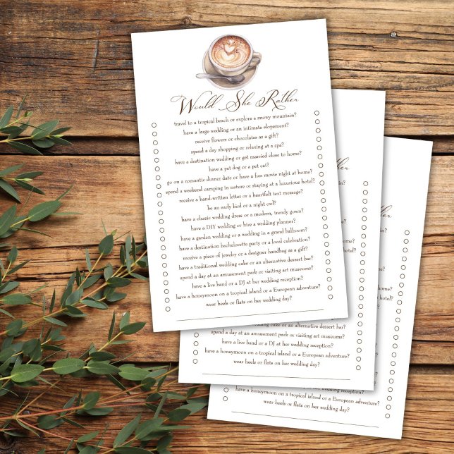 Papier Voulait-elle plutôt café tomber jeu de douche nupt (Would she rather love is brewing cappuccino coffee fall bridal shower games )
